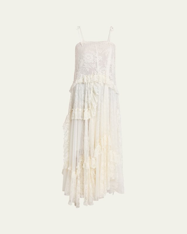 Ruffle-Trim Floral Lace Maxi Dress